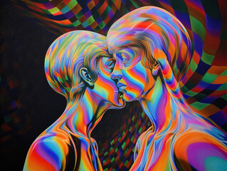 Psychedelic illustration of a kissing couple, psychedelic romance, generative AI