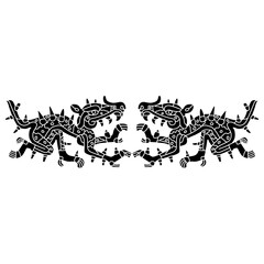 Symmetrical ethnic design with two fantastic monster animals. Cipactli. Aztec mythology. Native American design from Mexican codex. Black and white silhouette.