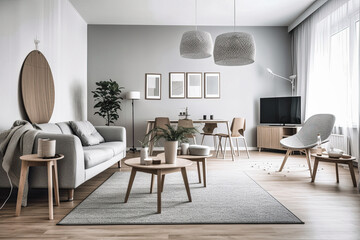 A modern Scandinavian room interior design typically features a minimalist color palette, natural materials such as wood and stone, clean lines, and functional furniture - Generative AI