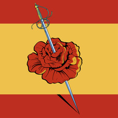vector illustration of a rose crossed by a sword on the Spanish flag.