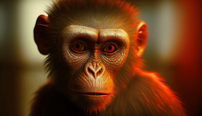 Fototapeta premium Photo Brown fur monkey with red eyes and blurred background