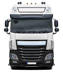 Powerful European truck. With white cab and black plastic bumper. Front view isolated on white background.