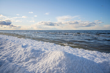 Baltic Sea in Winter Season. Beautiful Seascape with Snow along the coast, Icy Waves and Seagulls on a Cold Sunny Day.