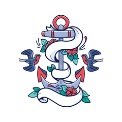 Sailor tattoo style decorated banner with anchor, vector illustration 