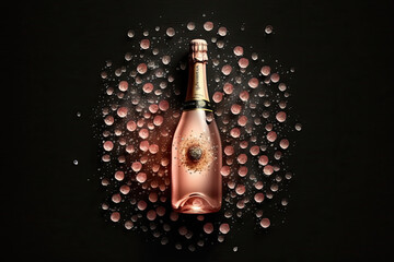  Bottle of rose sparkling wine or champagne with crystal,generative artificial intelligence