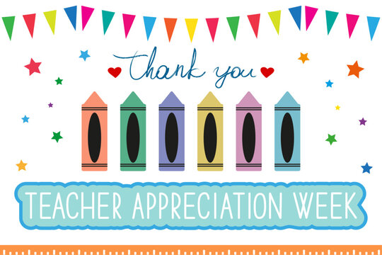 Teacher Appreciation Week school banner. Garland of colored flags, text "thank you", pencils and ruler on a white background, vector.	