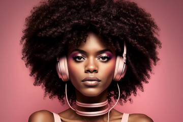 Fototapeta premium Dreamy black woman with afro hair and headphones on pink background, generative ai