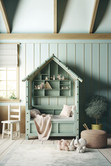  children room with natural wooden furniture Farmhouse ,generative artificial intelligence