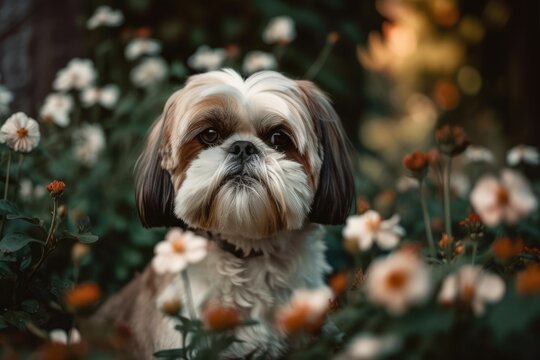 Shih tzu dog rests in garden flowers. Generative AI