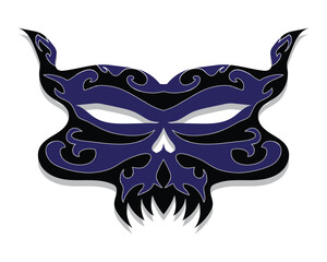 vector design of a mask that is usually worn at masquerade parties with a black appearance and dark blue carvings and there are two small horns on the top with sharp, sharp teeth