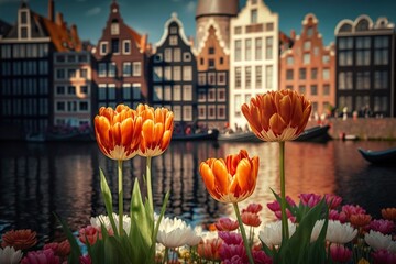 Obraz premium illustration, dutch tulips in bloom, ai generative