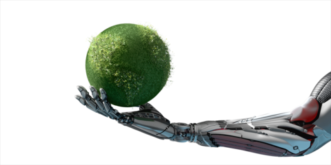 The image evokes a sense of futuristic technology that embraces the beauty of nature. Transparent background