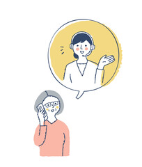 電話で会話するシニア女性とオペレーターの女性