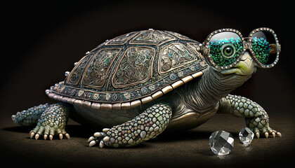 Jewel turtle in luxury glasses. The turtle is covered with emeralds, diamonds, rubies and all kinds of gems. AI generated illustration.
