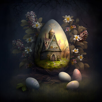 Traditional Easter egg - Egg painted with images, art, dark background, generative  AI Stock Illustration