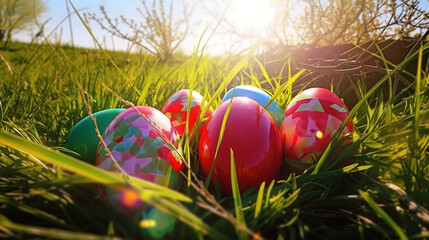 Fototapeta premium Colourful Easter eggs in a field