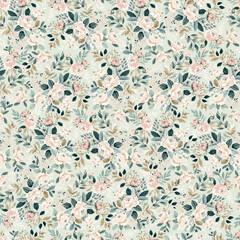 Seamless pastel green colored, country style pattern with small gentle retro style flowers. Ai generated illustration for wallpapers, textile, wrapping paper.