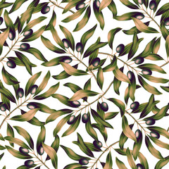 Seamless pattern with olive tree branch and leaves. Vivid print with beautiful botanical illustration. Repeated realistic high quality luxury design for packaging, cosmetic, fashion, textile.