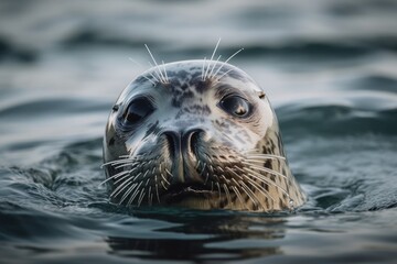 The grey seal is swimming with its head above the water. Generative AI