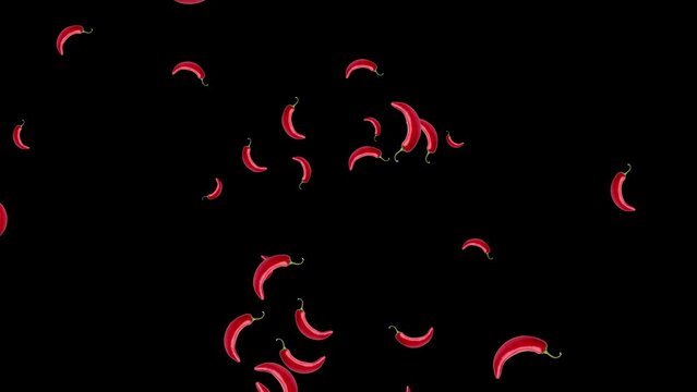 Abstract explosion with red chili Peppers flying in different directions on a black background. Simple colorful food animation concept with vegetables