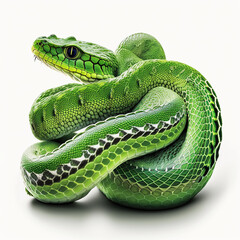Fototapeta premium Green python snake isolated on white close-up, beautiful reptile, ai generative 