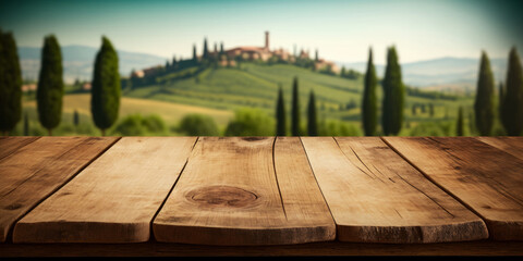An empty wooden table for product display. blurred french vineyard in the background. Generative ai