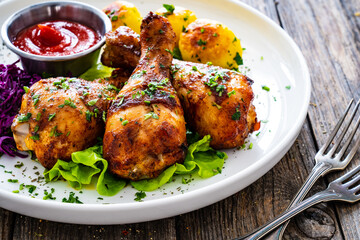 Barbecue chicken drumsticks with fried potatoes, lettuce and ketchup on wooden table
