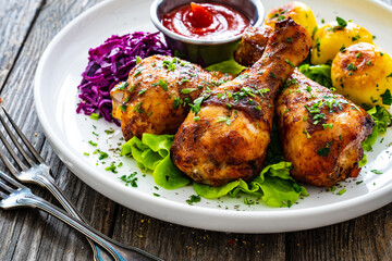 Barbecue chicken drumsticks with fried potatoes, lettuce and ketchup on wooden table
