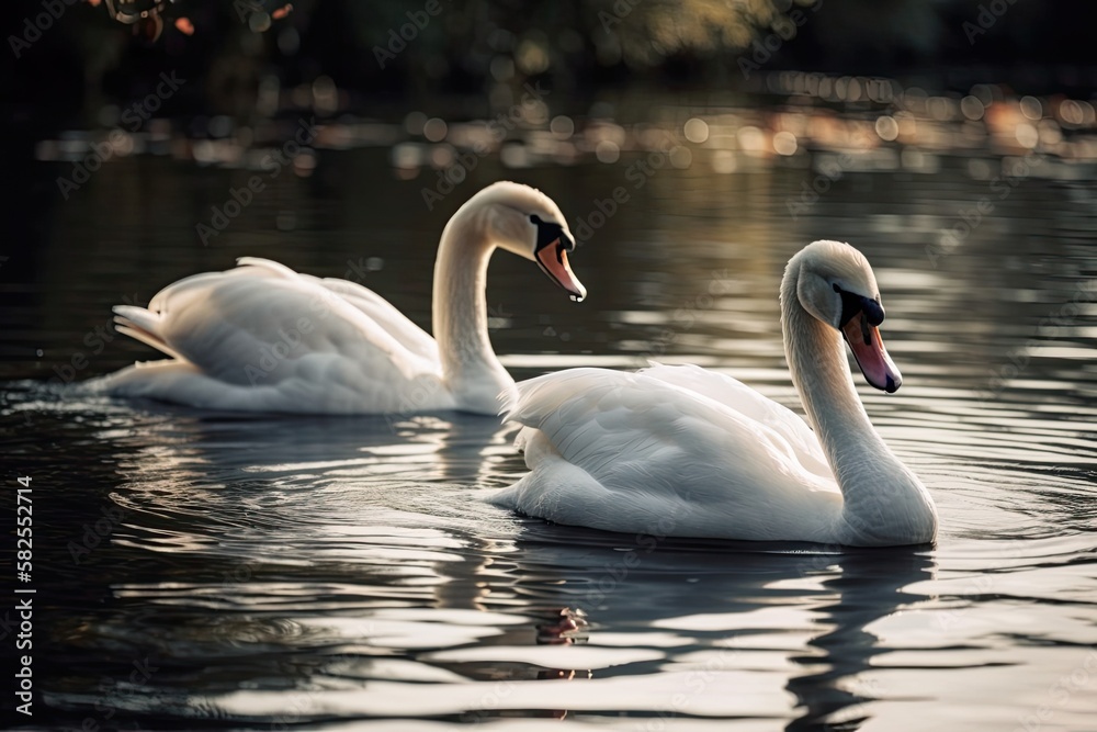 Poster White swans are seen standing near to a lake or pond in the background. Generative AI