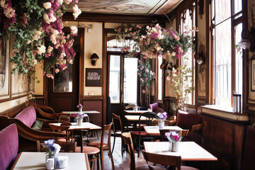The charming little French cafe is adorned with delicate flowers, and the scent of freshly brewed espresso and flaky croissants fills the air, creating a tranquil ambiance - Generative AI