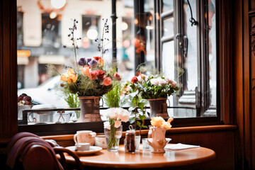 Fototapeta na wymiar The charming little French cafe is adorned with delicate flowers, and the scent of freshly brewed espresso and flaky croissants fills the air, creating a tranquil ambiance - Generative AI