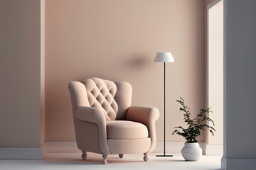 A cozy pink armchair by the window opening against the background of an empty wall. Part of the living room, minimalistic interior. Generative AI