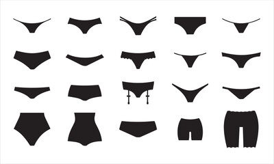 Women's panties. Women's collection. Underwear collection panties black silhouettes isolated on white background. Panties icon. Vector, eps10.