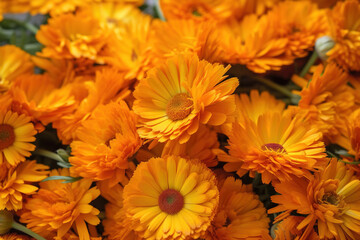 Calendula pictures showcase the bright and cheerful flowers of the Calendula officinalis plant. With shades of yellow and orange, these images are perfect for natural health, and wellness content. - obrazy, fototapety, plakaty