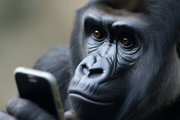 Obraz premium Gorilla monkey looking at smartphone. Generative AI