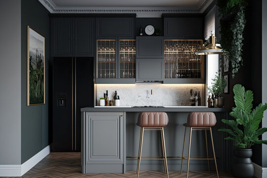  Gray kitchen with bar close up,generative artificial intelligence