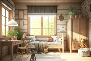  shildren room with natural wooden furniture Farmhouse styl ,generative artificial intelligence