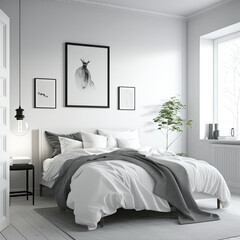 Home interior blank wall in Scandinavian bedroom interior ,generative artificial intelligence