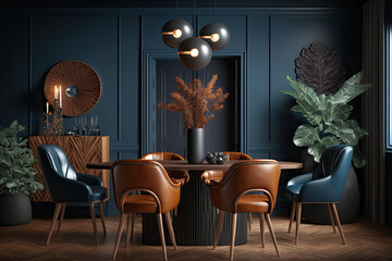  Home modern dark blue dining room interior with brown,generative artificial intelligence