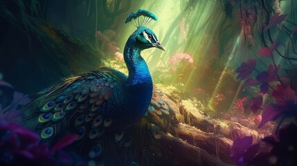 A beautiful peacock in a fantastical forest landscape. Generative AI. 
