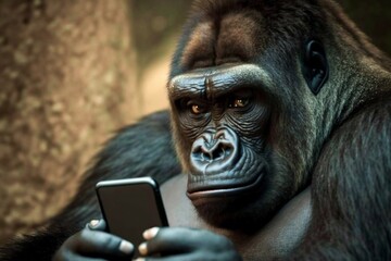 Gorilla monkey looking at smartphone. Generative AI - obrazy, fototapety, plakaty