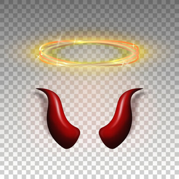 Three dimensional shiny golden nimbus and red devil horns. Glossy daemon horns and halo, angel ring isolated in transparent background. Carnival, masquerade elements. Vector illustration EPS 10