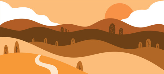 Colorful vector illustration ready to print: sun and hills valley
