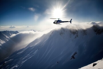Fototapeta na wymiar Helicopter at snowy mountains. Helicopter skiing at Alaskan mountains. Helicopter aerial view. Snowy mountains. Helicopter at sky mountains in the background.