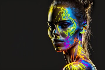 female eye with colorful makeup. Beautiful fashion model with creative artistic make-up. Abstract colorful makeup. Generative AI