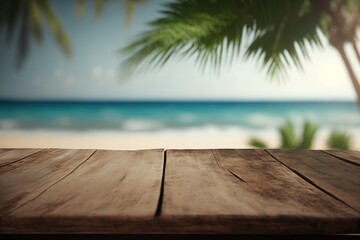 sea with wooden floor in the foreground on the horizon sandy beach. generation al.