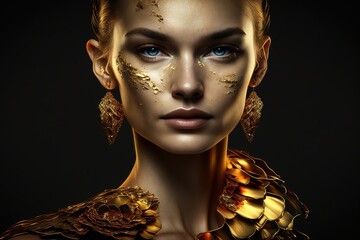 Model girl with golden make-up and long golden hair, on a black background. Golden glowing skin and flowing hair. art portrait, Generative AI