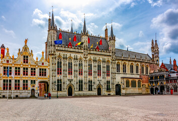 Obraz premium Brugge Town Hall and Basilica of Holy Blood on Burg square, Bruges, Belgium