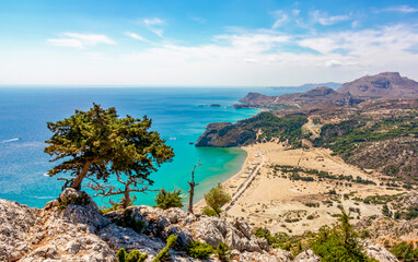 Tsampika beach and Rhodes island panorama from Tsampika mountain top, Greece - obrazy, fototapety, plakaty