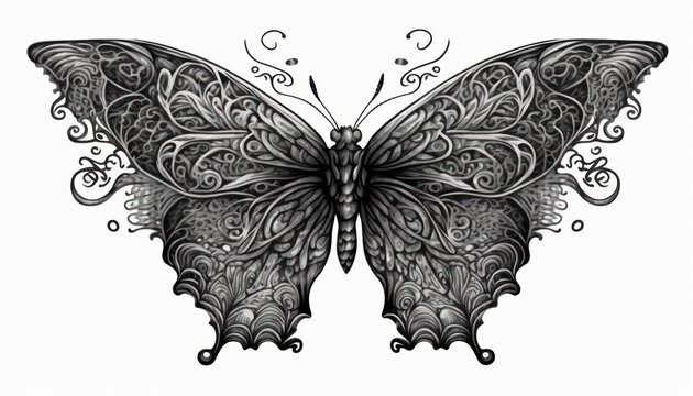 Tattoo of butterfly with intricate details in black hand drawn style isolated on white generative ai